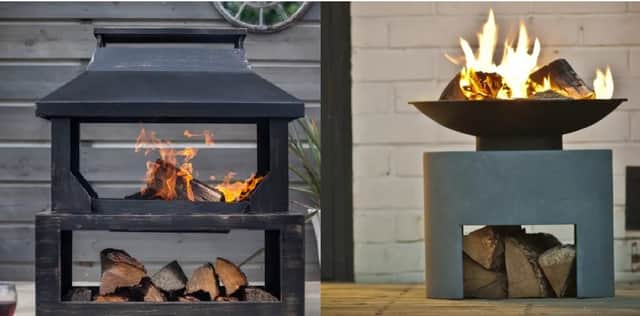 Stonehurst Steel Outdoor Log Burner, left and Oval Console Cement Fire Bowl, right from Dunelm